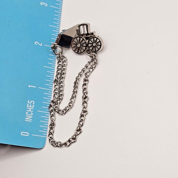 Vintage Sweater Clip Pin Brooch Tie Tack Stagecoach Silvertone Blue Rhinestone - Picture 5 of 5